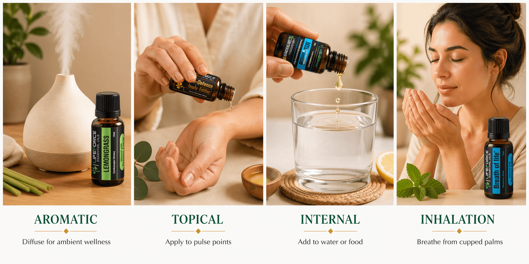 Four methods of essential oil application: topical, inhalation, diffusion, internal